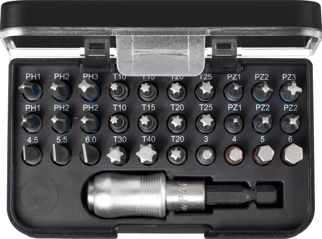 A 31-piece bit set in a black case with a transparent lid, featuring various screwdriver bits and a holder.