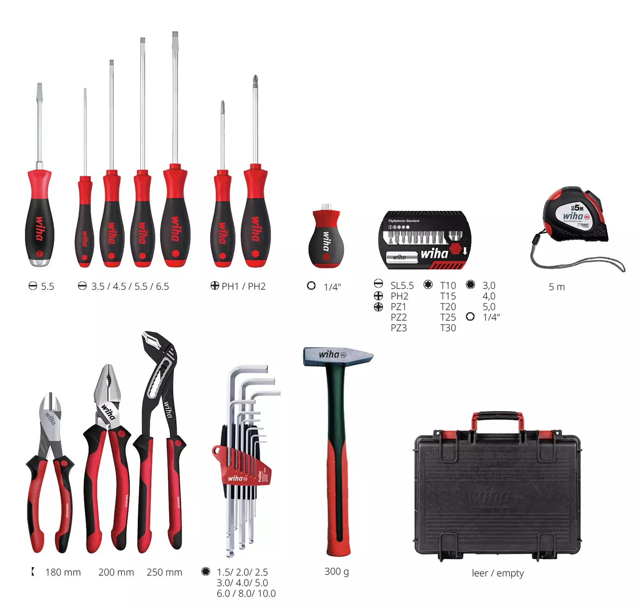 Tool set with screwdrivers, pliers, hex keys, hammer, tape measure, and case.