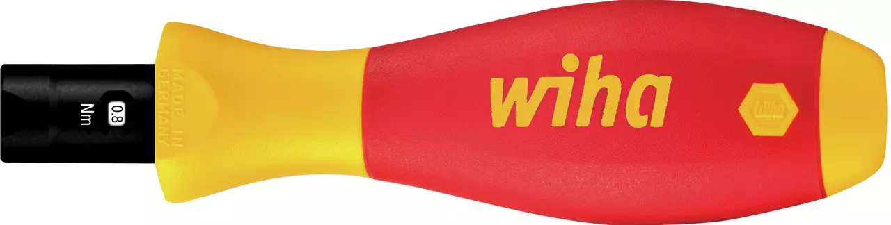 Torque screwdriver with red and yellow handle, showing 0.8 Nm setting
