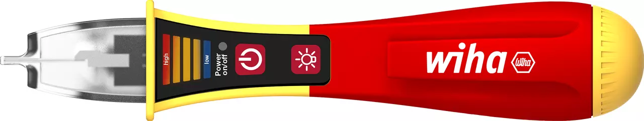 Non-contact voltage tester with red handle and LED indicators.