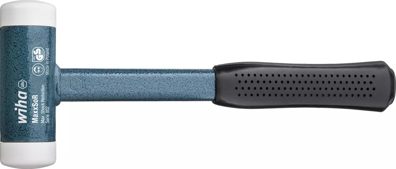 Non-rebound hammer with blue handle and black grip.