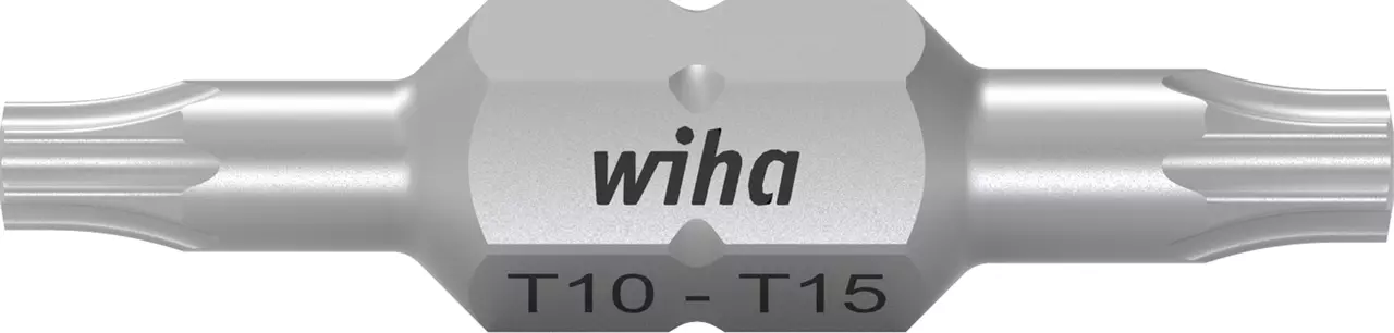 Double-ended Torx bit, sizes T10 and T15, silver color.