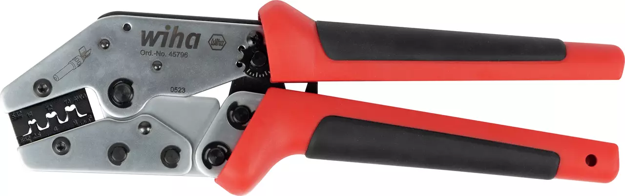Crimping tool with red and black handles and a metallic head with adjustment markings.