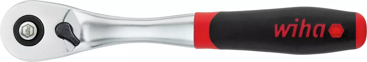 Reversible ratchet with black ergonomic handle and red accents, viewed from the side.