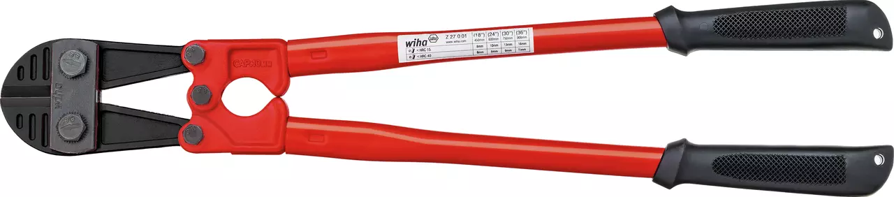 Red bolt cutter with black grips and cutting jaws