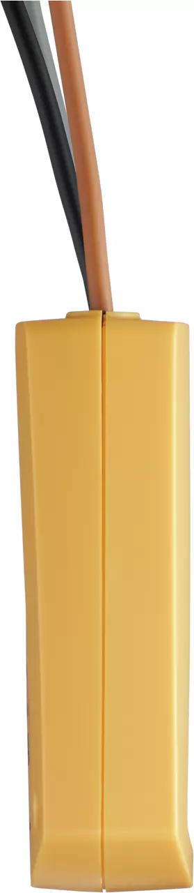 Yellow rectangular device with two wires, black and brown, extending from the top.