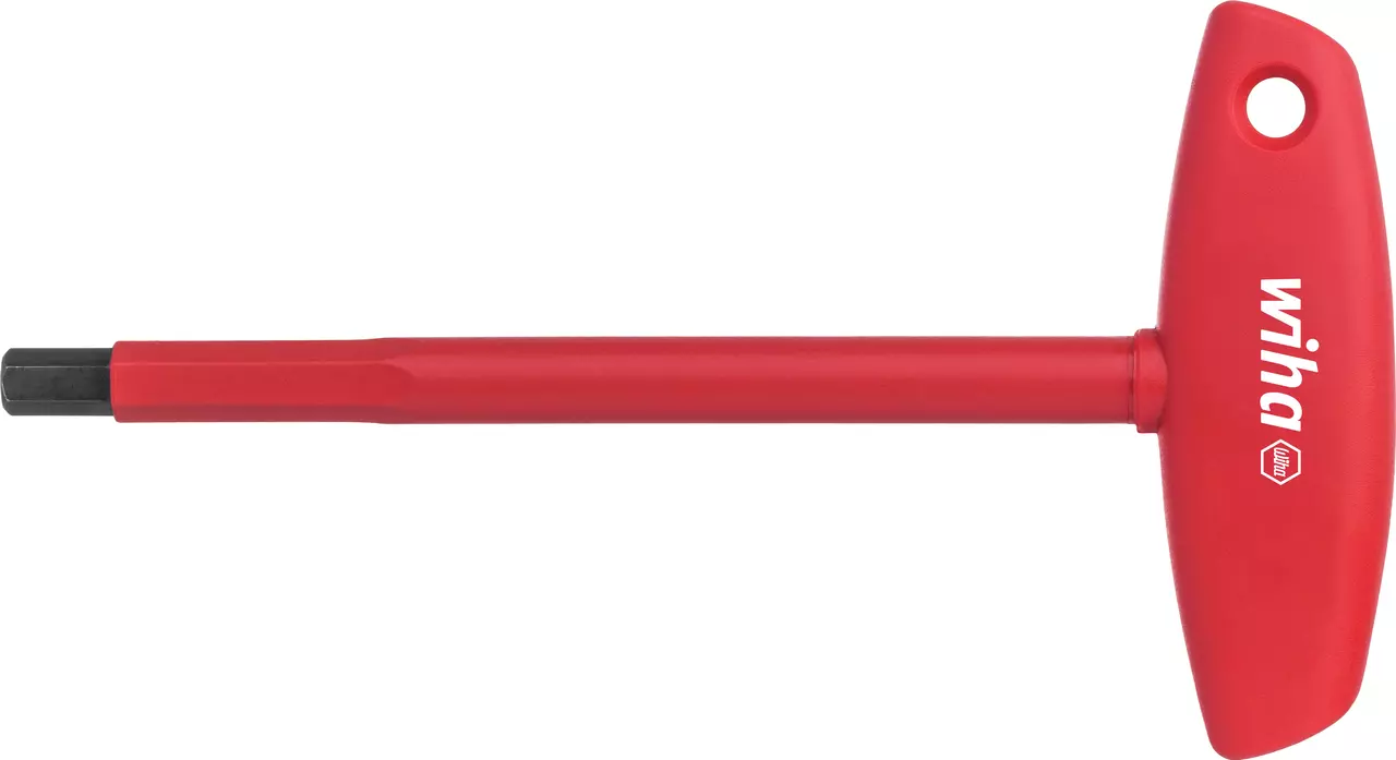 Red T-handle hex key with black hexagonal tip.