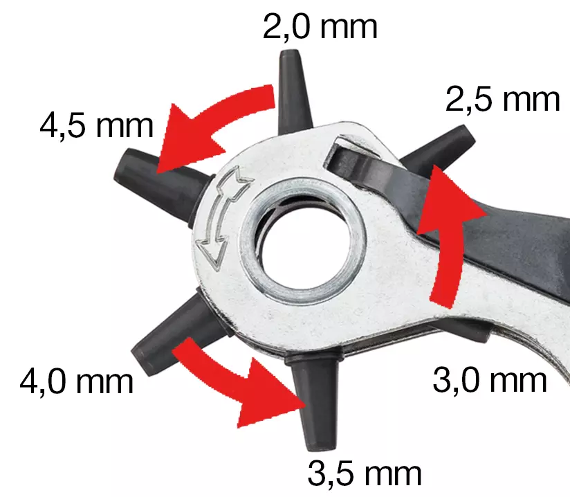 Revolving hole punch with various hole sizes labeled in millimeters.