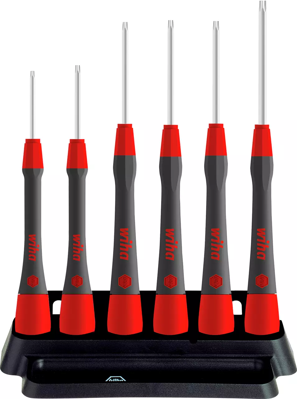 Set of six precision screwdrivers with red and black handles in a stand.