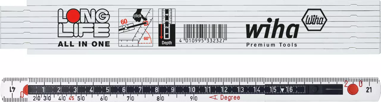 White folding ruler with black and red scale, logos, and text.