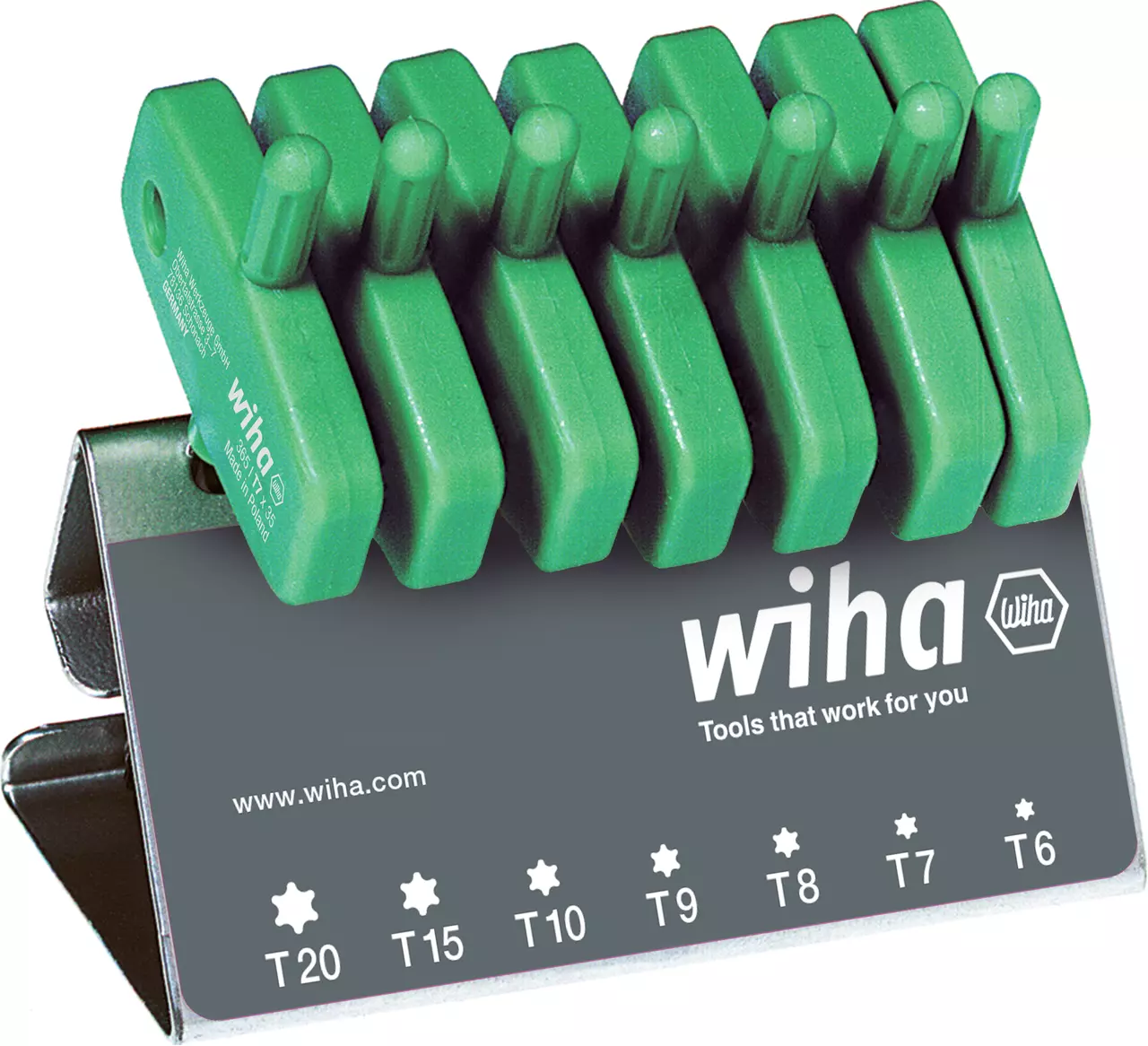 Green Torx key set on a metal stand, sizes T6 to T20.