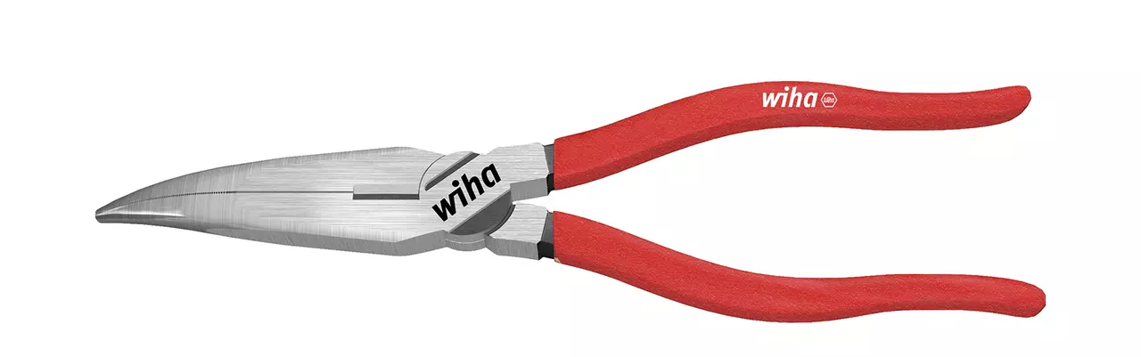 Curved needle-nose pliers with red handles on a white background.