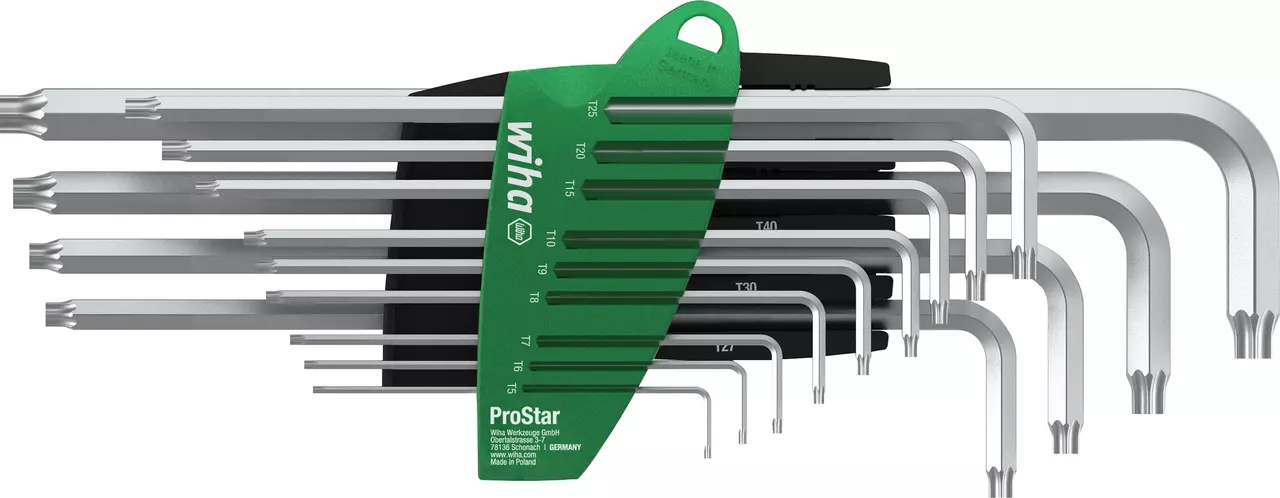 Set of L-shaped Torx keys in a green holder