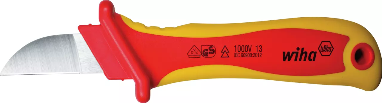Stripping knife with a red and yellow handle and a curved blade.