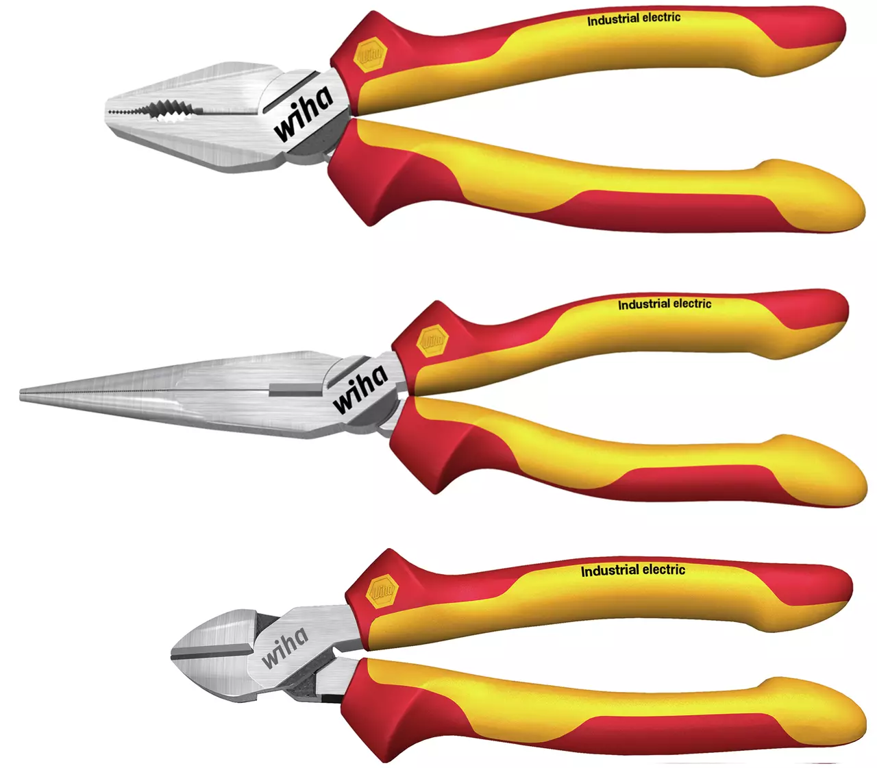 Set of three pliers with red and yellow handles labeled "Industrial electric"