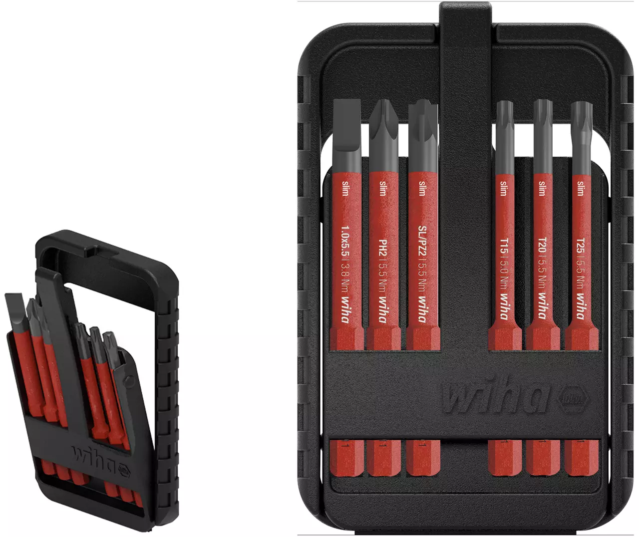 Set of red and black screwdriver bits in a black plastic holder.