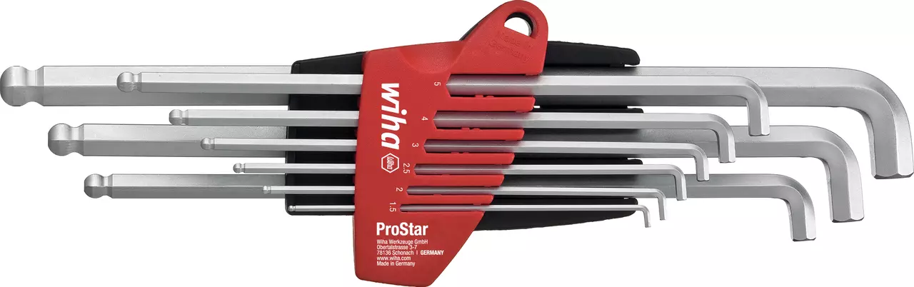 Set of L-shaped hex keys in a red holder