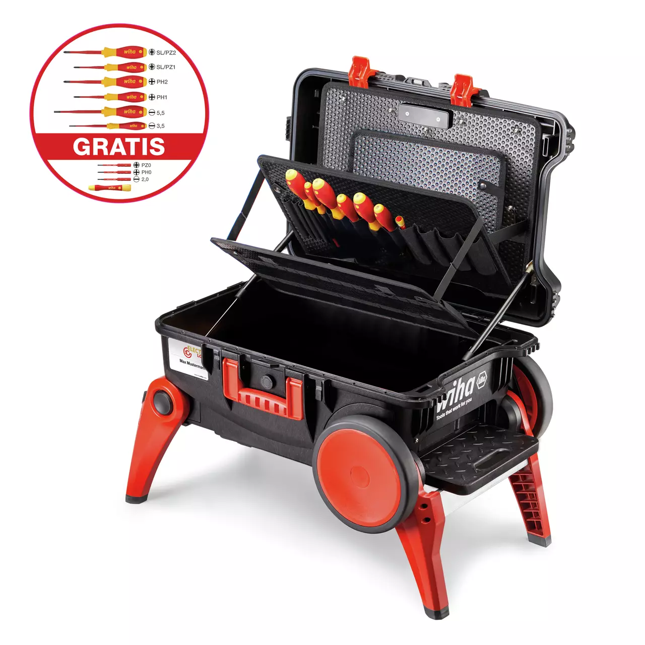 Black and red tool case with wheels and open lid showing screwdrivers inside.