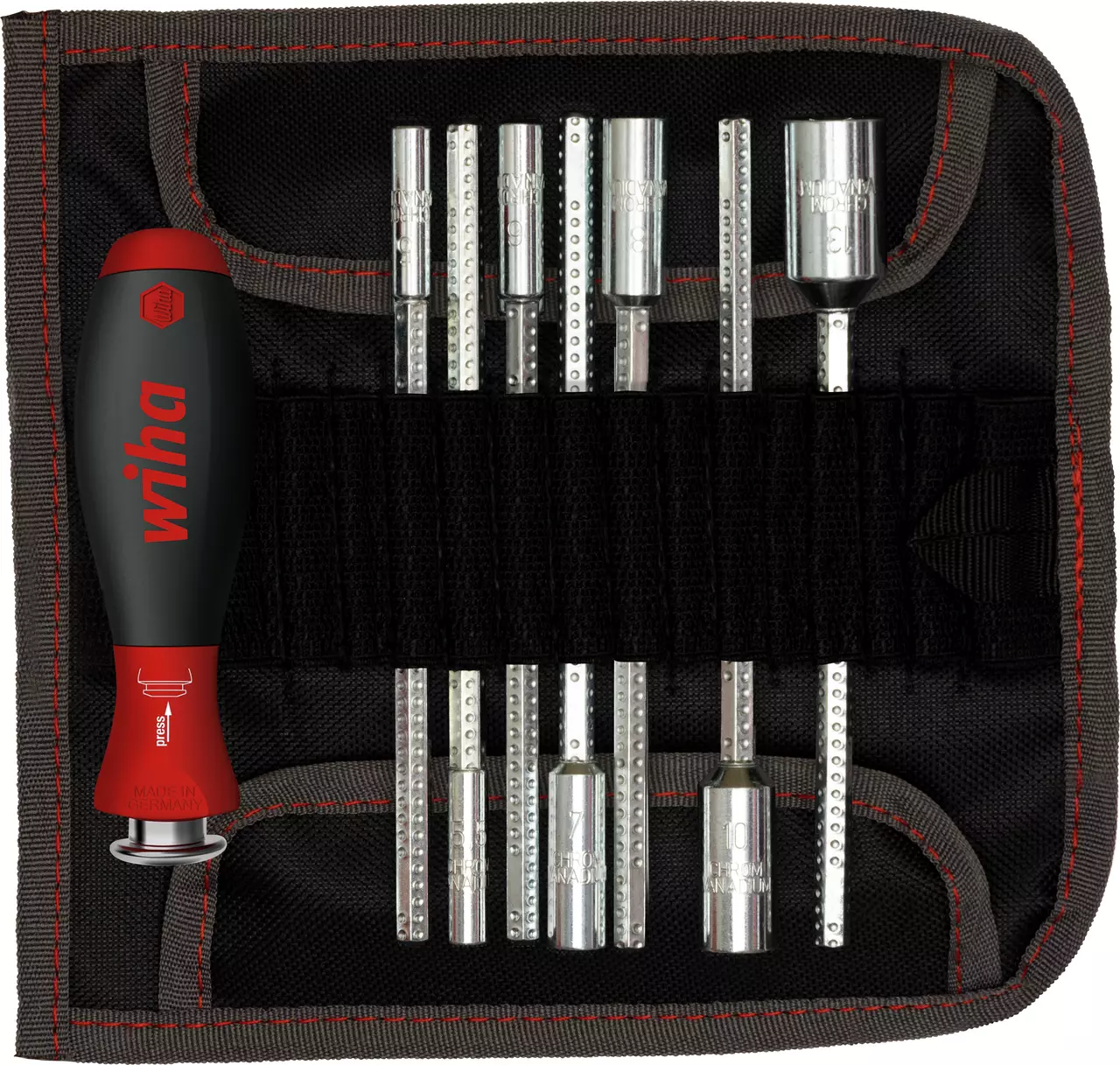 Tool set with red and black handle and metal bits in a black fabric case.