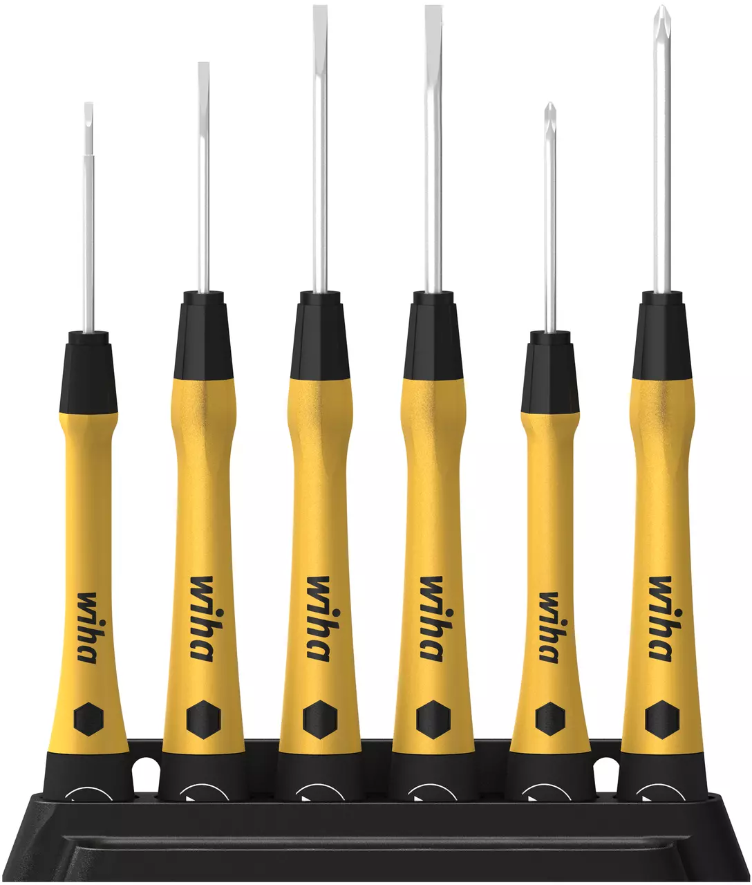 Set of six yellow and black precision screwdrivers in a stand