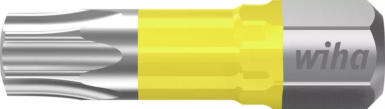 Torx bit with yellow and silver design, marked "Wiha"
