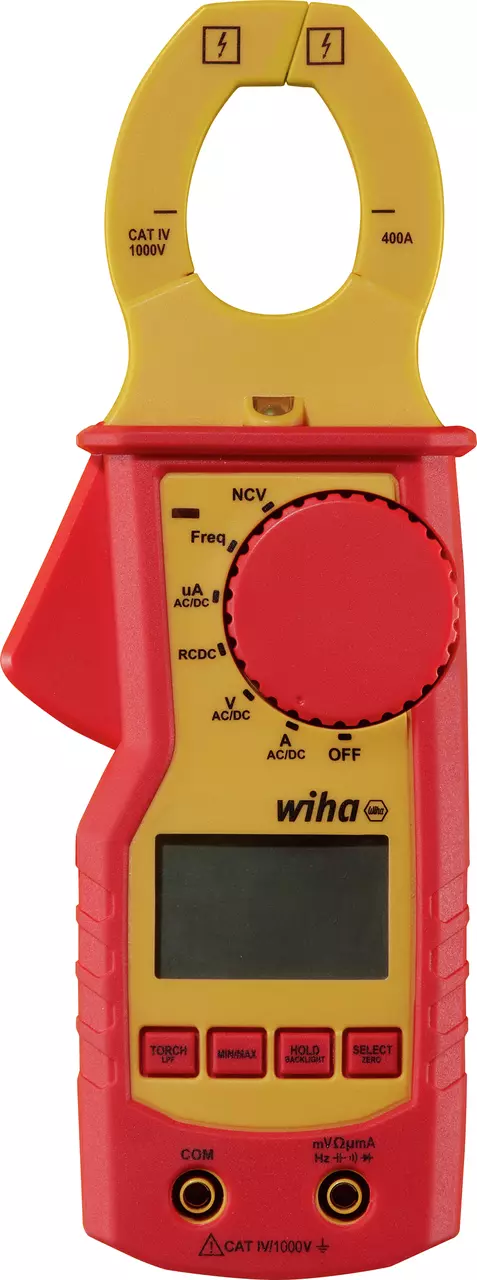 Digital clamp meter with red and yellow casing, large display, rotary dial, and measurement buttons.