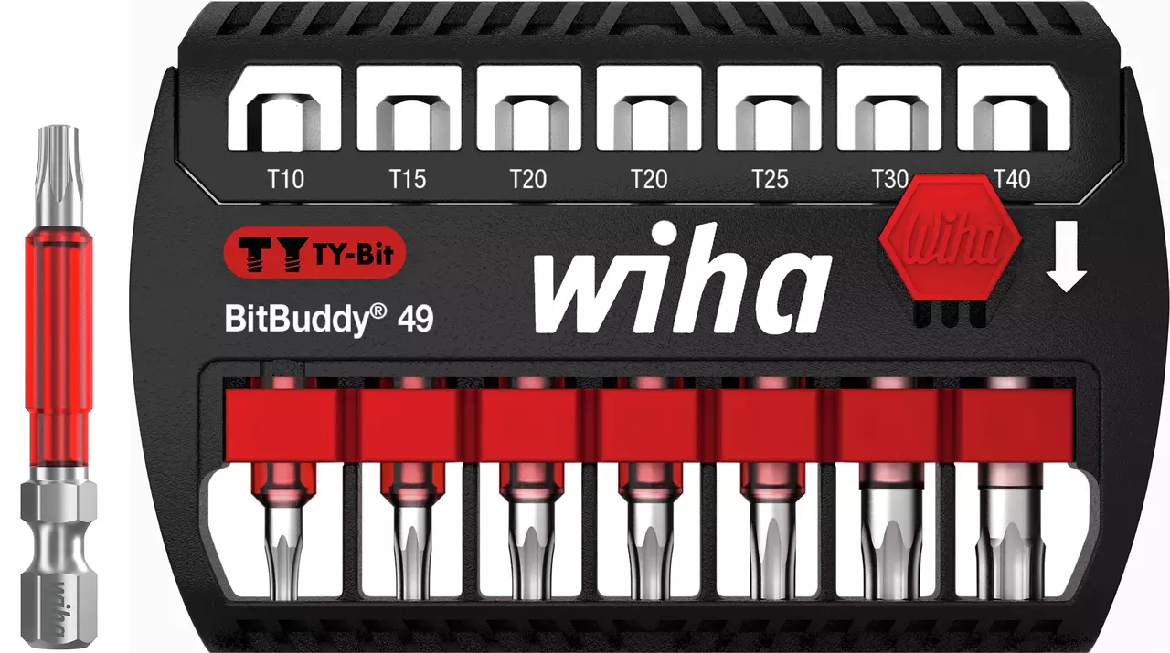 Black and red Torx bit set labeled "BitBuddy 49" with sizes T10 to T40.