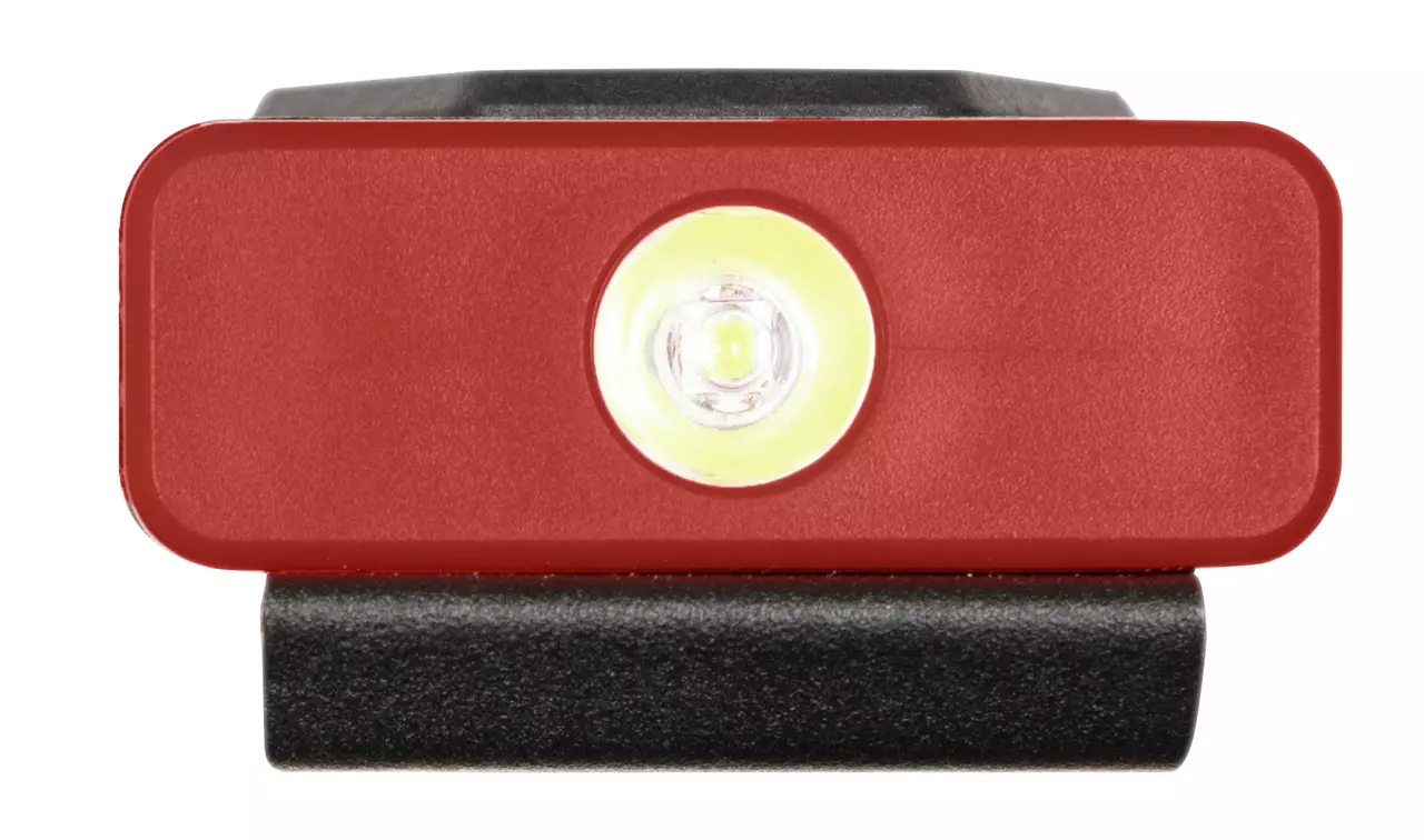 Rote rechteckige Taschenlampe mit mittigem LED-Licht und schwarzem Sockel.