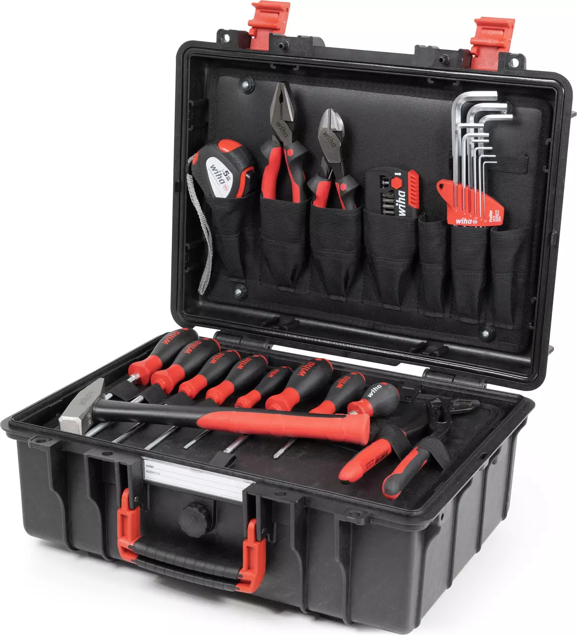 Tool set in a black case with assorted screwdrivers, pliers, and wrenches