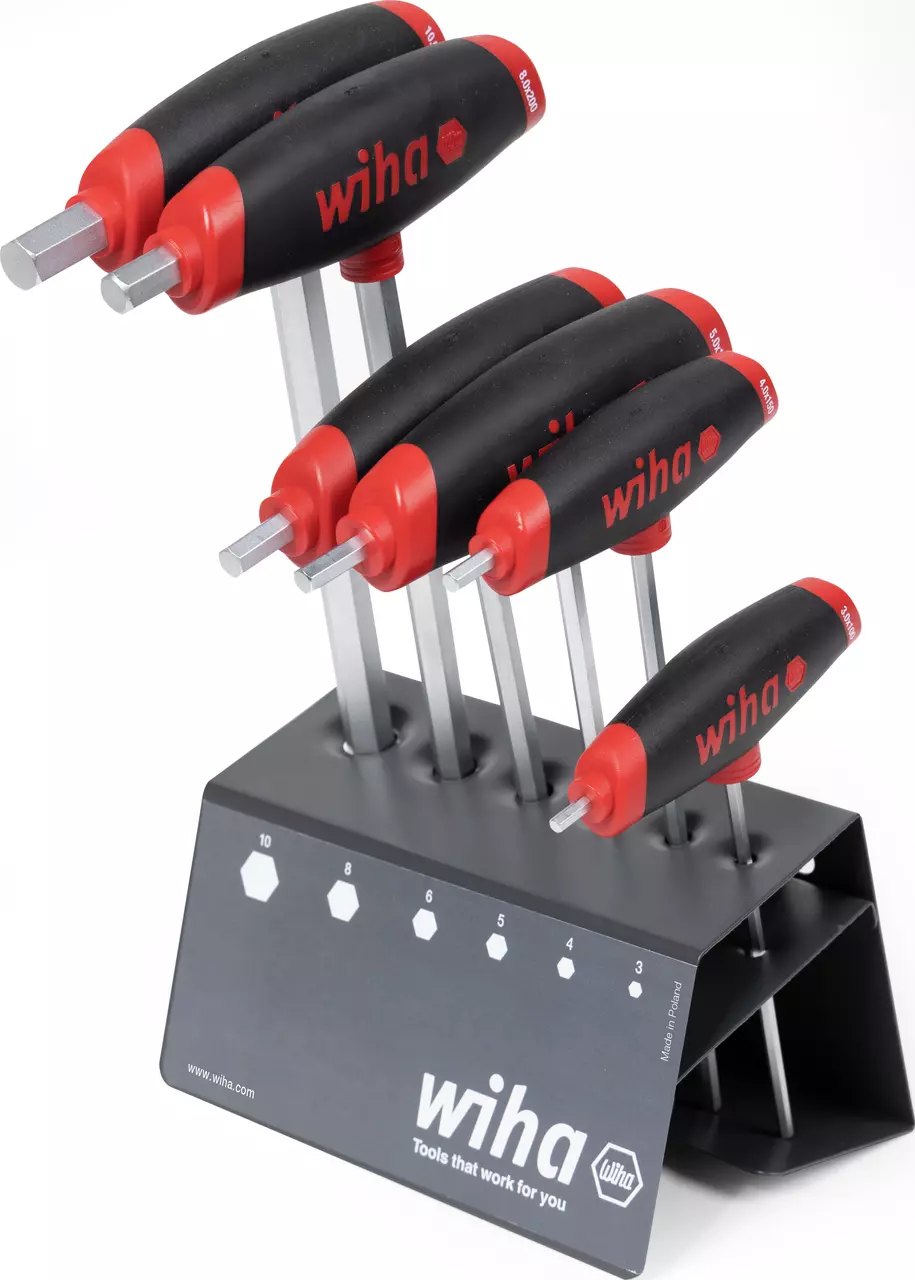 Set of black and red L-key tools with ergonomic grips on a stand, labeled with sizes 10 to 3.