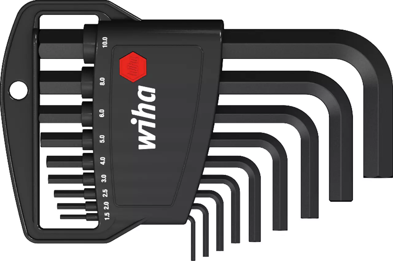 Set of black hex keys in a holder with size markings